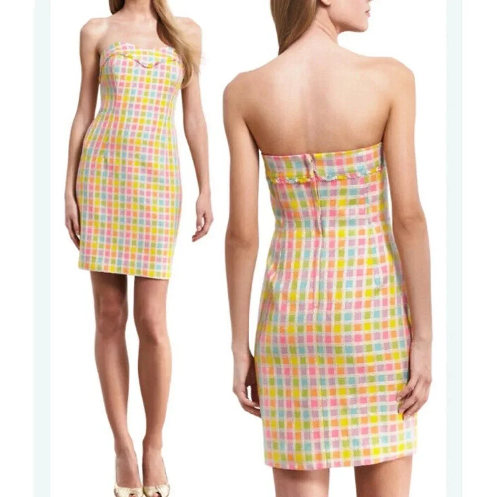 Lilly Pulitzer Boucle Fringe Bibi Strapless Check Plaid Dress Size 4 - Picture 2 of 11
